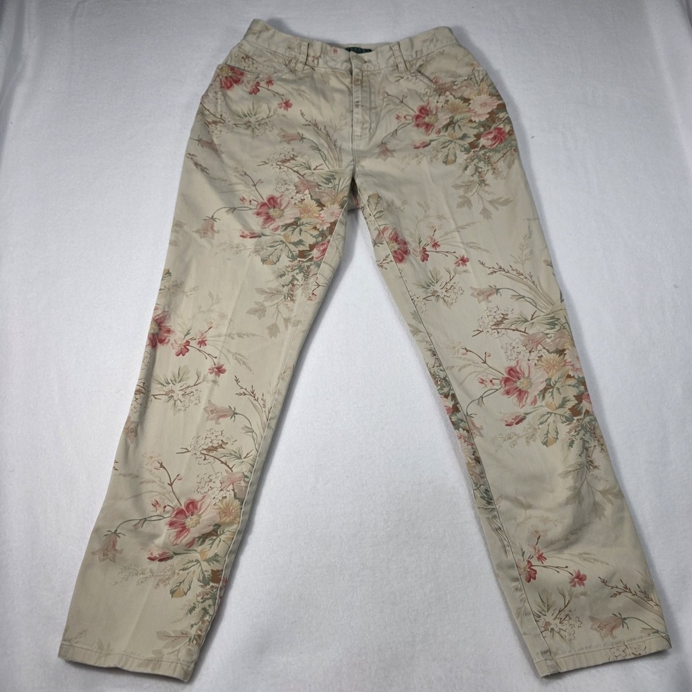 Vintage Lauren Ralph Lauren Womens Floral Print Beige Cotton Stretch Pants Sz 2